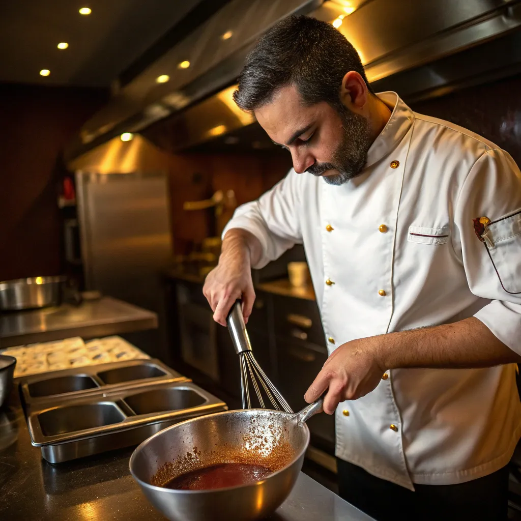 Chef preparing sauce with a whisk